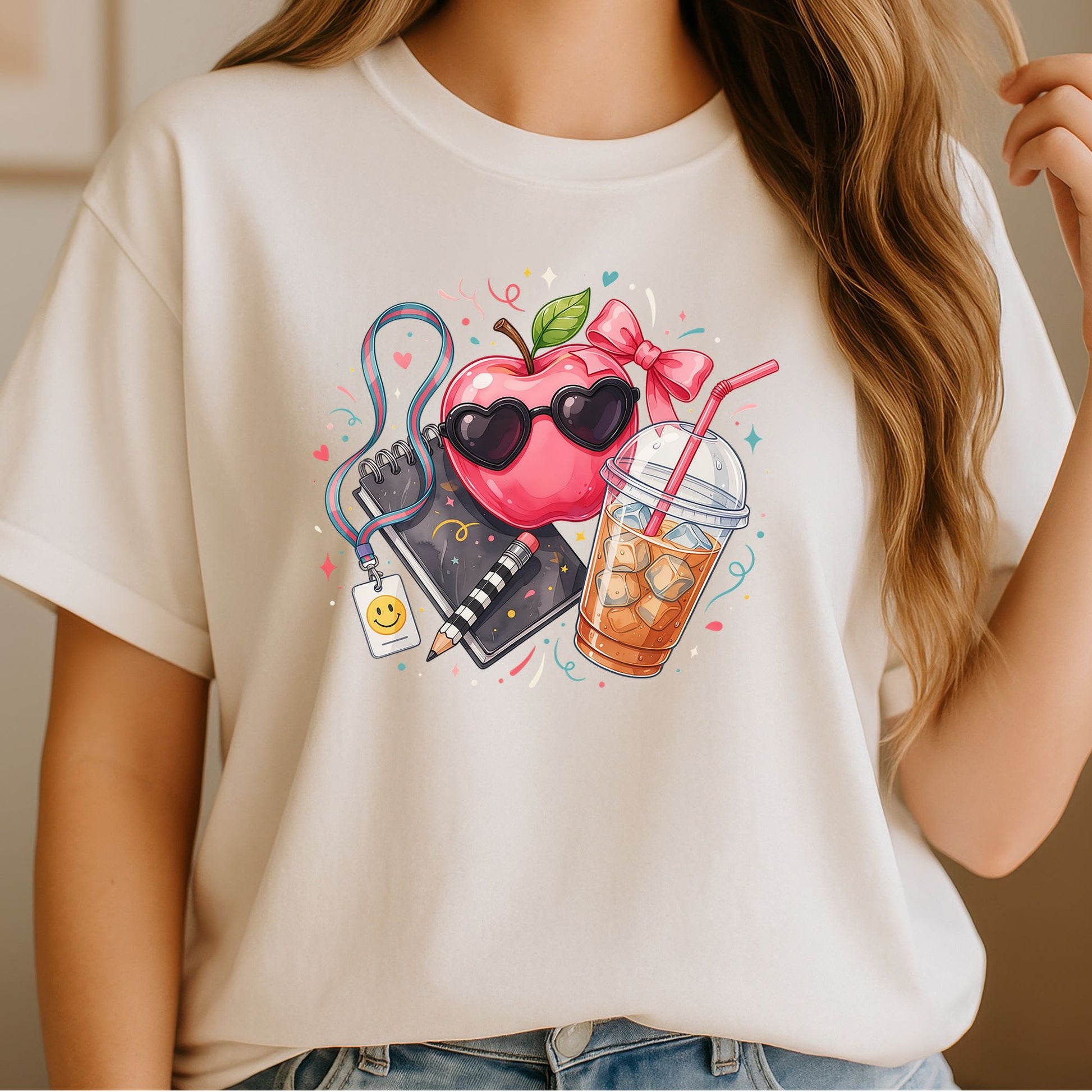 Pink teacher essentials design featuring a glossy apple wearing heart-shaped sunglasses, a large bow, iced coffee, notebook, checkerboard pencil, school lanyard, smiley badge, hearts, sparkles, and colorful classroom accents.