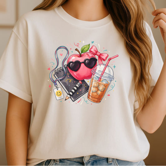 Pink teacher essentials design featuring a glossy apple wearing heart-shaped sunglasses, a large bow, iced coffee, notebook, checkerboard pencil, school lanyard, smiley badge, hearts, sparkles, and colorful classroom accents.