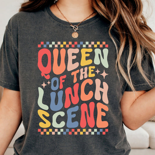 Queen of the Lunch Scene design featuring colorful retro lettering, sparkle accents, and checkerboard borders for lunch ladies, cafeteria staff, and school food service workers.