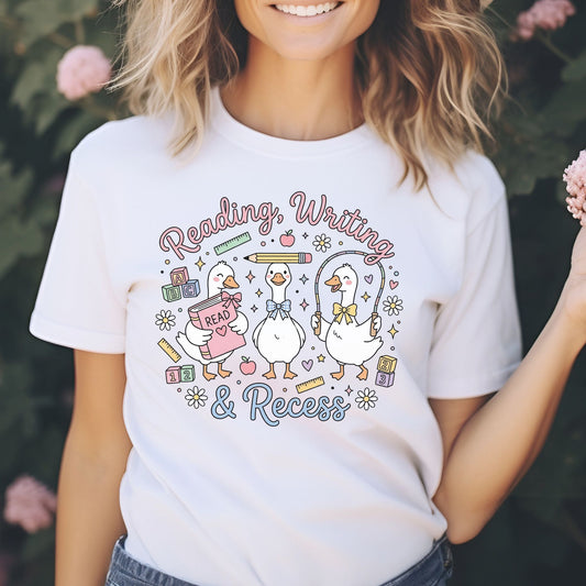 Reading Writing and Recess teacher design featuring three cute geese with a book, bow ties, and jump rope surrounded by school supplies, ABC blocks, rulers, pencils, apples, flowers, hearts, and pastel classroom accents.
