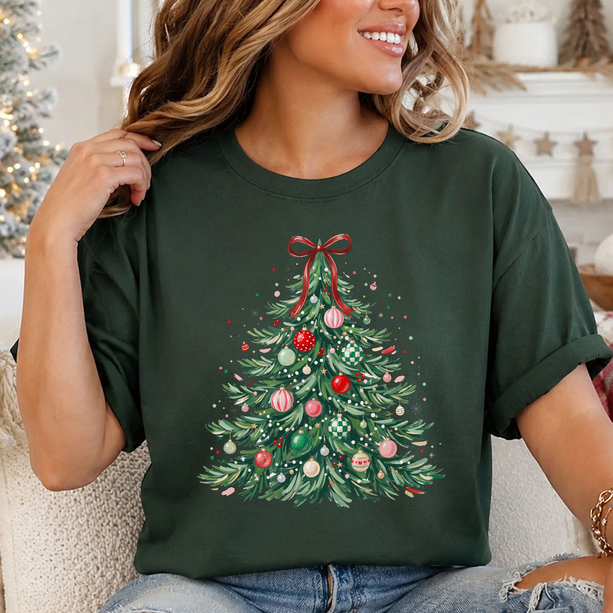 Painted green Christmas tree topped with a red bow, decorated with pink striped, red polka dot and green checkered ornaments, white dots and gold stars.