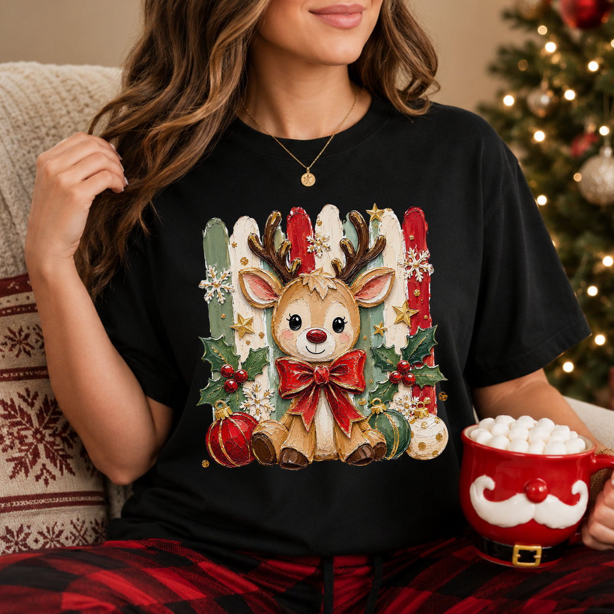 Reindeer with a red nose and red bow over red, sage and cream paint brushstrokes, surrounded by holly, ornaments, snowflakes and gold stars.