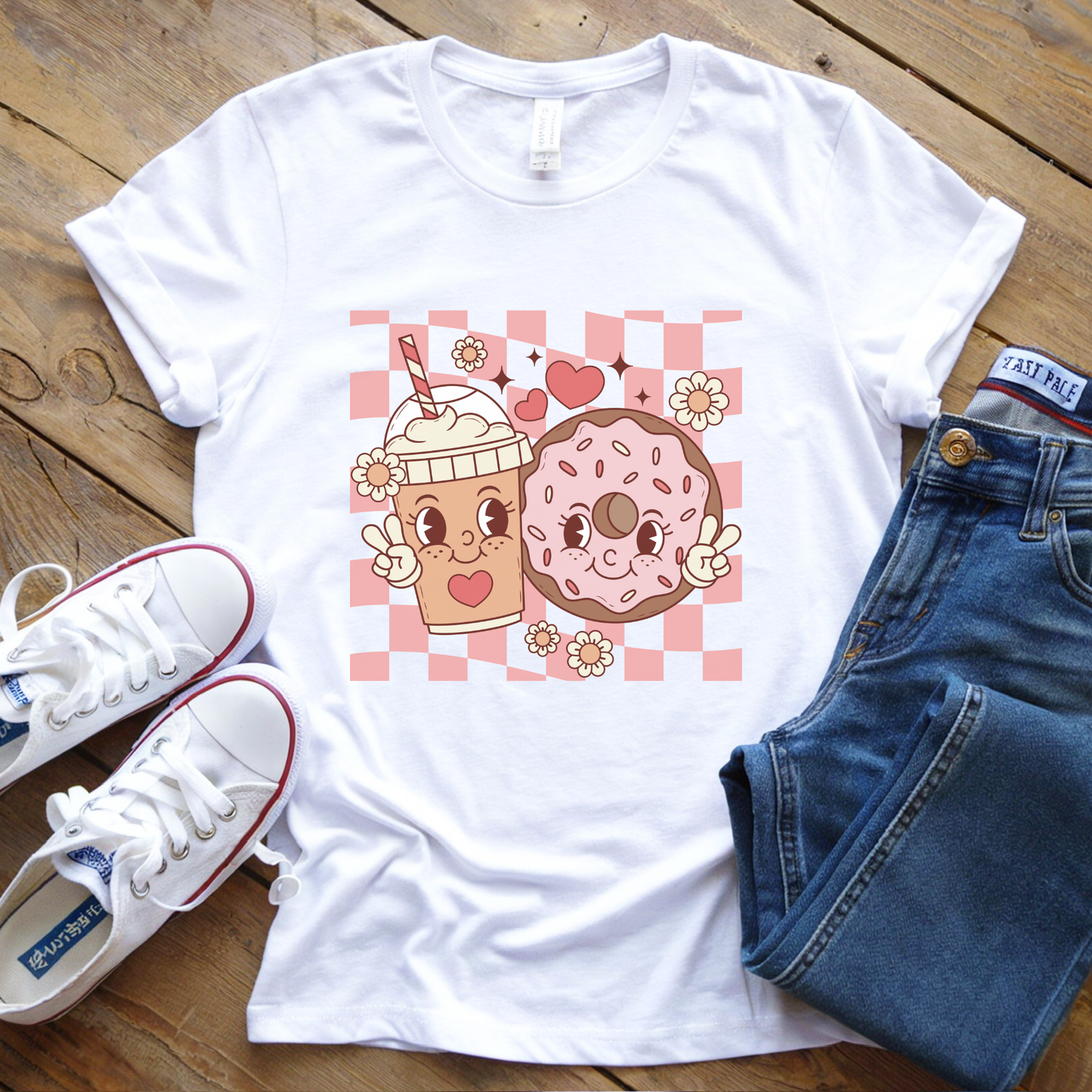 Retro Coffee & Donut DTF transfer design pressed on a premium unisex graphic t-shirt mockup