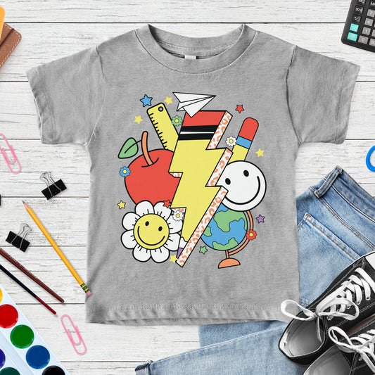 Retro back-to-school design featuring a bold yellow lightning bolt surrounded by an apple, ruler, pencil, eraser, globe, smiley faces, daisy, stars, and paper airplane.