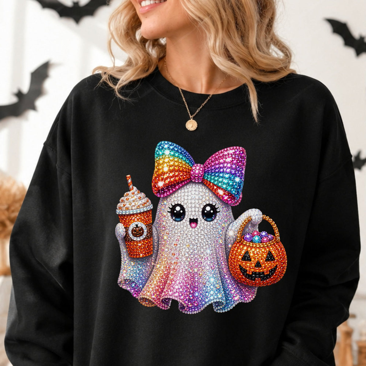 Rhinestone bling ghost Halloween DTF transfer featuring a sparkly ghost with rainbow bow, pumpkin spice drink and orange jack-o-lantern candy bucket