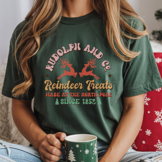 “Rudolph and Co. Reindeer Treats,” “Made at the North Pole” and “Since 1852” with two red reindeer, mint Christmas trees and distressed retro lettering.