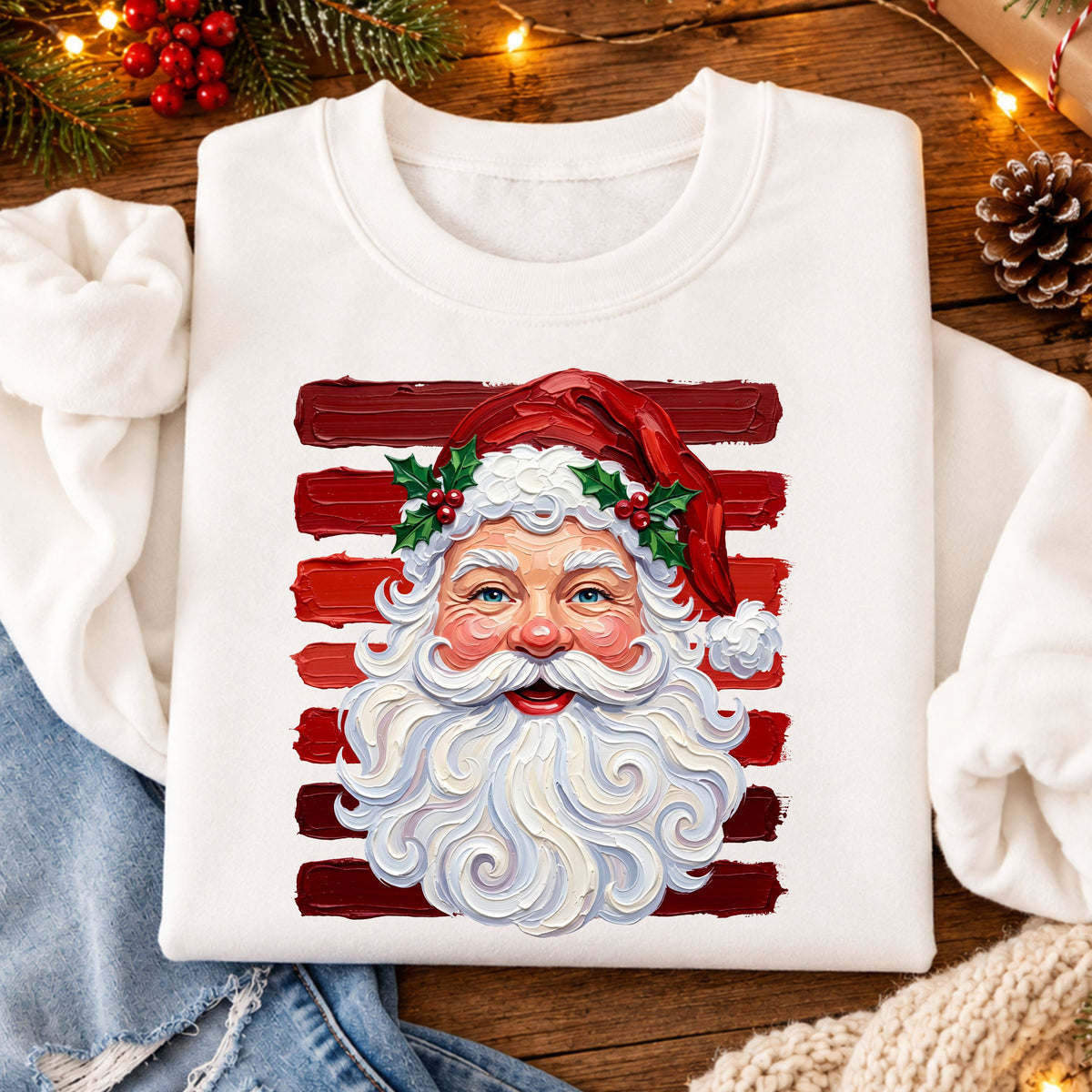 Santa face Christmas DTF transfer with a red hat, green holly, red berries and a curled white beard over horizontal red stripes in a painted brushstroke style.