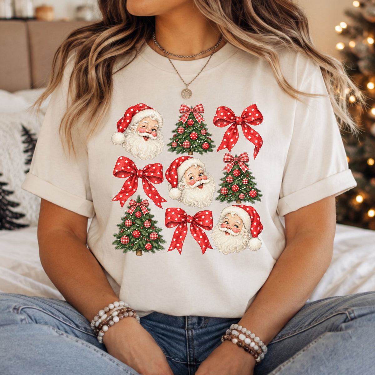 Collage of three Santa faces in red polka dot hats, three green Christmas trees with gingham bows and ornaments, and three red polka dot ribbon bows.