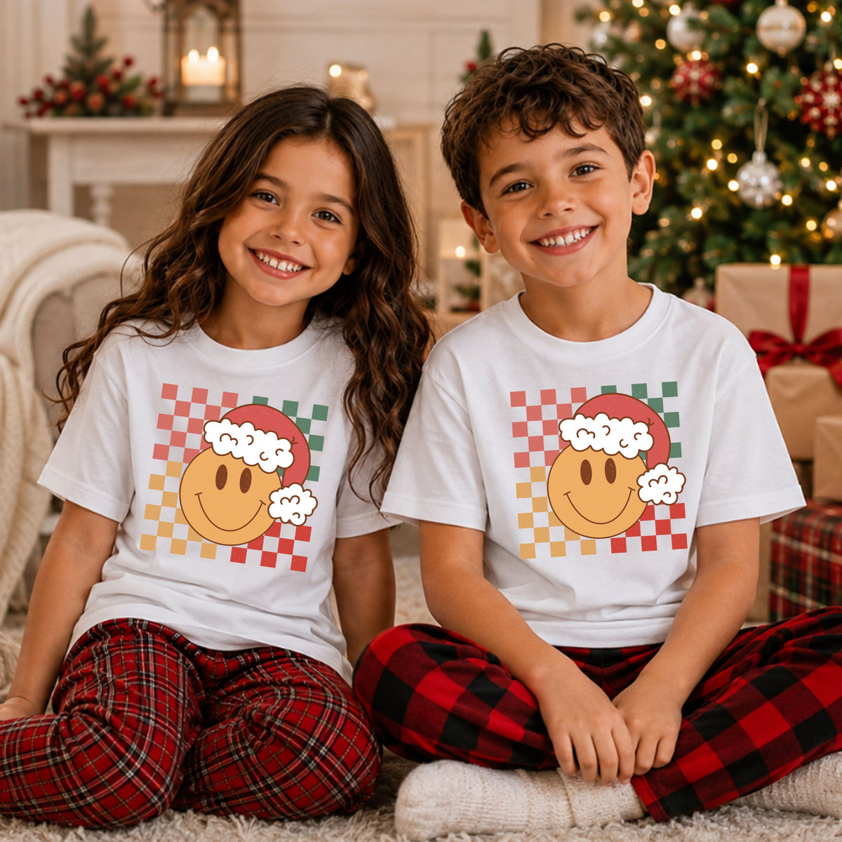 Yellow smiley face wearing a red and white Santa hat over a distressed checkerboard pattern in coral pink, sage green, mustard yellow and red.