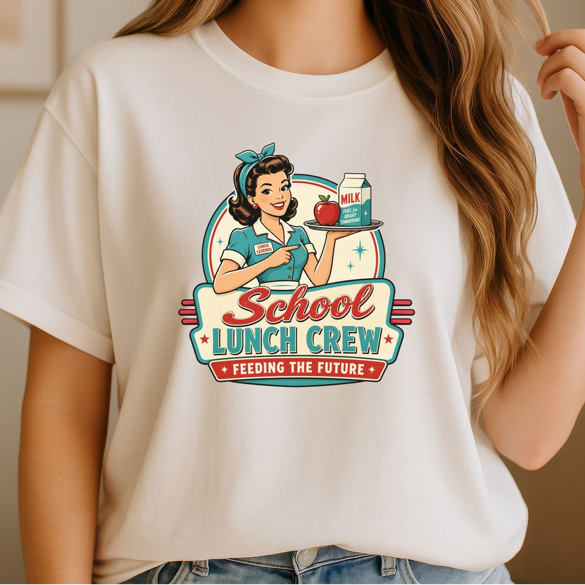 Retro School Lunch Crew design featuring a vintage cafeteria worker holding a tray with milk and an apple, teal uniform, classic diner-style lettering, and the phrase Feeding the Future.
