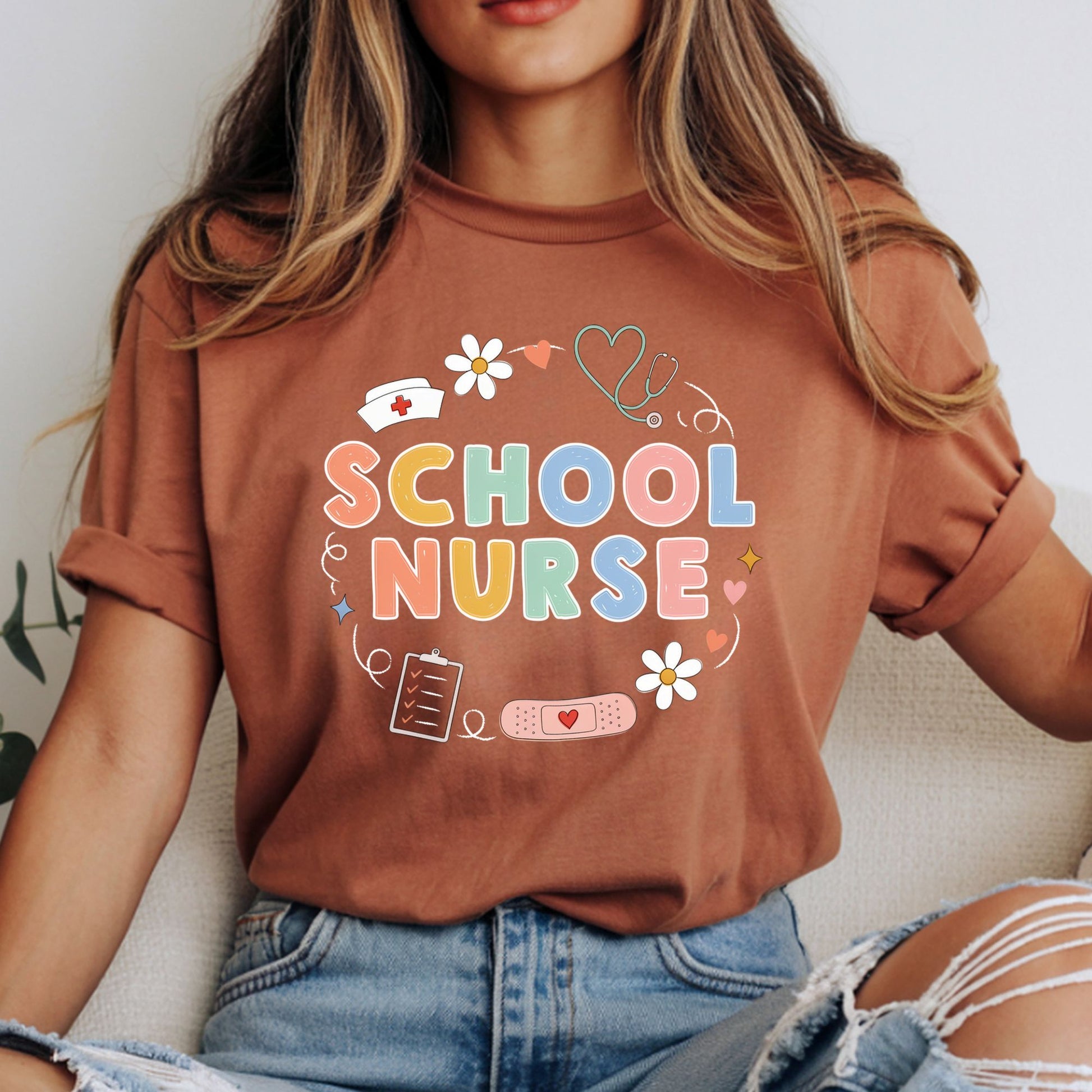 School Nurse design featuring colorful pastel lettering with a nurse cap, stethoscope, clipboard, bandage, hearts, daisies, sparkles, and playful medical school graphics.