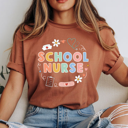 School Nurse design featuring colorful pastel lettering with a nurse cap, stethoscope, clipboard, bandage, hearts, daisies, sparkles, and playful medical school graphics.