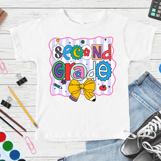 Colorful Second Grade back-to-school design featuring playful patterned letters, a yellow pencil bow, apple, flowers, pencil accents, and pastel striped classroom background.