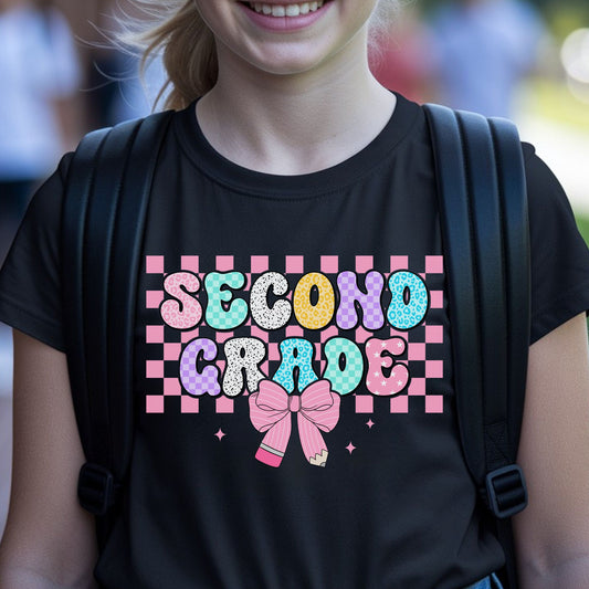 Second Grade back-to-school design featuring colorful patterned bubble letters, a pink checkerboard background, pencil bow, sparkles, leopard print, stars, and playful classroom details.