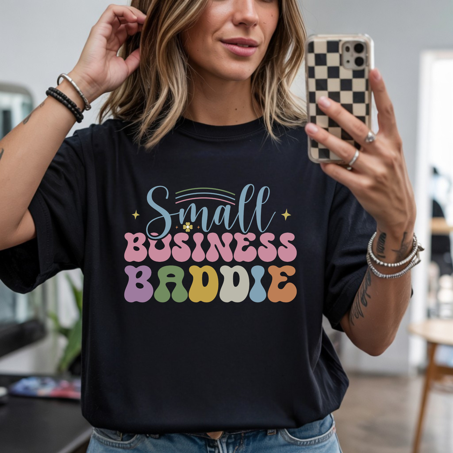 Small Business Baddie DTF transfer design pressed on premium graphic t-shirt mockup