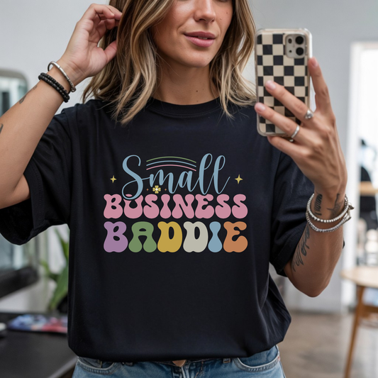 Small Business Baddie DTF transfer design pressed on premium graphic t-shirt mockup