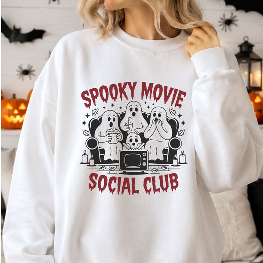 Spooky Movie Social Club Halloween DTF transfer featuring four sheet ghosts watching a scary movie with popcorn, drinks, candles and retro horror details