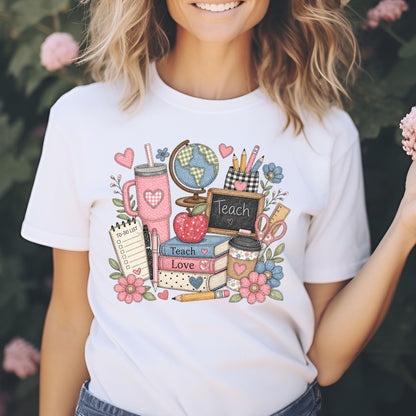Teach Love teacher design featuring a vintage-style globe, chalkboard, apple, books, pencils, scissors, ruler, pink tumbler, coffee cup, flowers, hearts, and classroom supplies in soft pink, blue, green, and neutral tones.