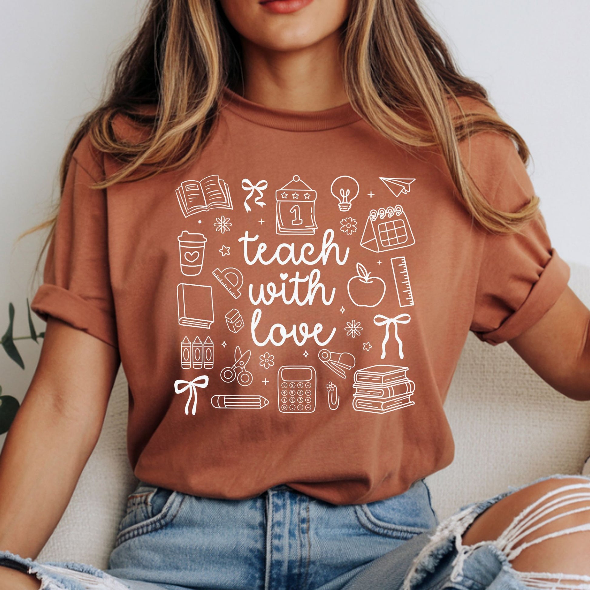 Teach With Love teacher design featuring clean white lettering surrounded by school doodles including books, bows, coffee, apple, ruler, crayons, scissors, calculator, pencil, and classroom supplies.