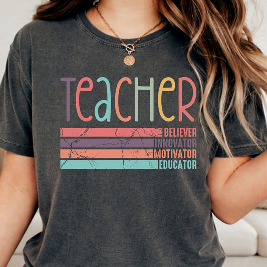 Retro Teacher design featuring distressed multicolor lettering with the words Believer, Innovator, Motivator, and Educator in coral, purple, orange, teal, and mustard tones for teacher shirts, sweatshirts, hoodies, and ready-to-press DTF transfers.