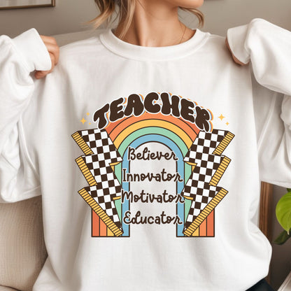 Teacher design featuring a retro rainbow, checkerboard lightning bolts, ruler accents, and the words Believer, Innovator, Motivator, and Educator in bold vintage classroom style.