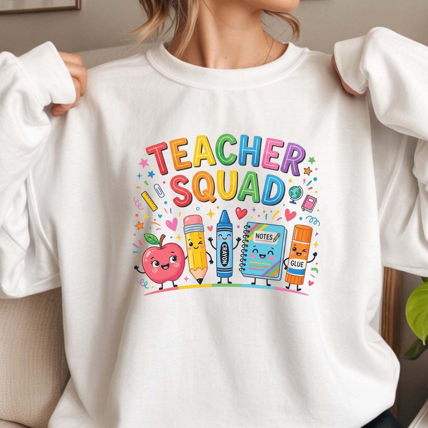 Colorful Teacher Squad design featuring cheerful apple, pencil, crayon, notebook, and glue stick characters with stars, hearts, and classroom accents.