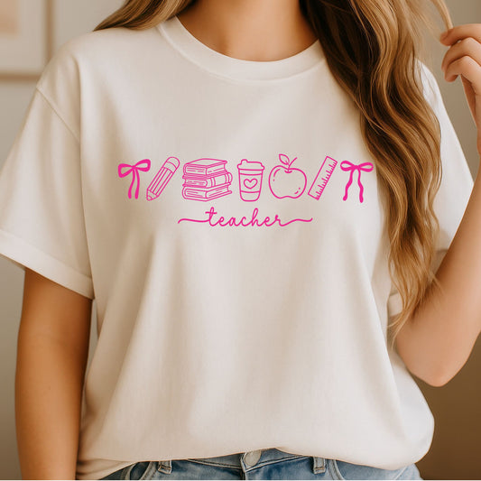 Pink teacher design featuring bows, pencil, stacked books, coffee cup, apple, ruler, and script lettering in a clean school doodle layout.