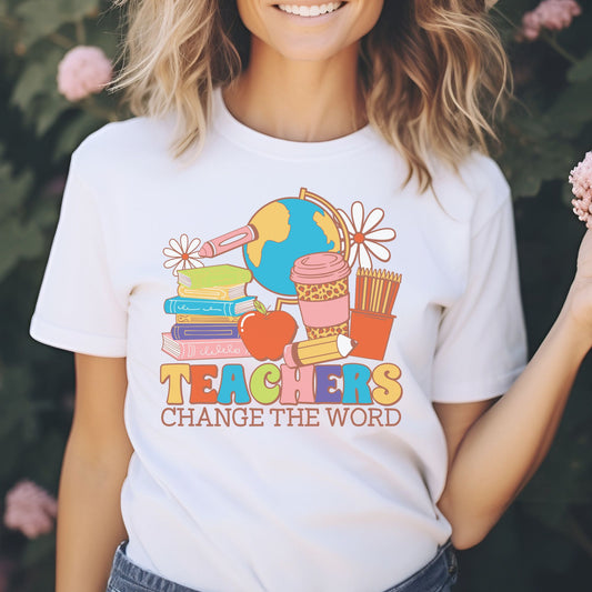 Teachers Change the World design featuring a colorful globe, stacked books, apple, pencil, colored pencils, pink leopard coffee cup, daisies, and retro classroom lettering with a brown outline.