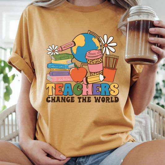 Teachers Change the World design featuring retro school supplies, stacked books, globe, apple, pencils, coffee cup, flowers, and colorful vintage lettering.