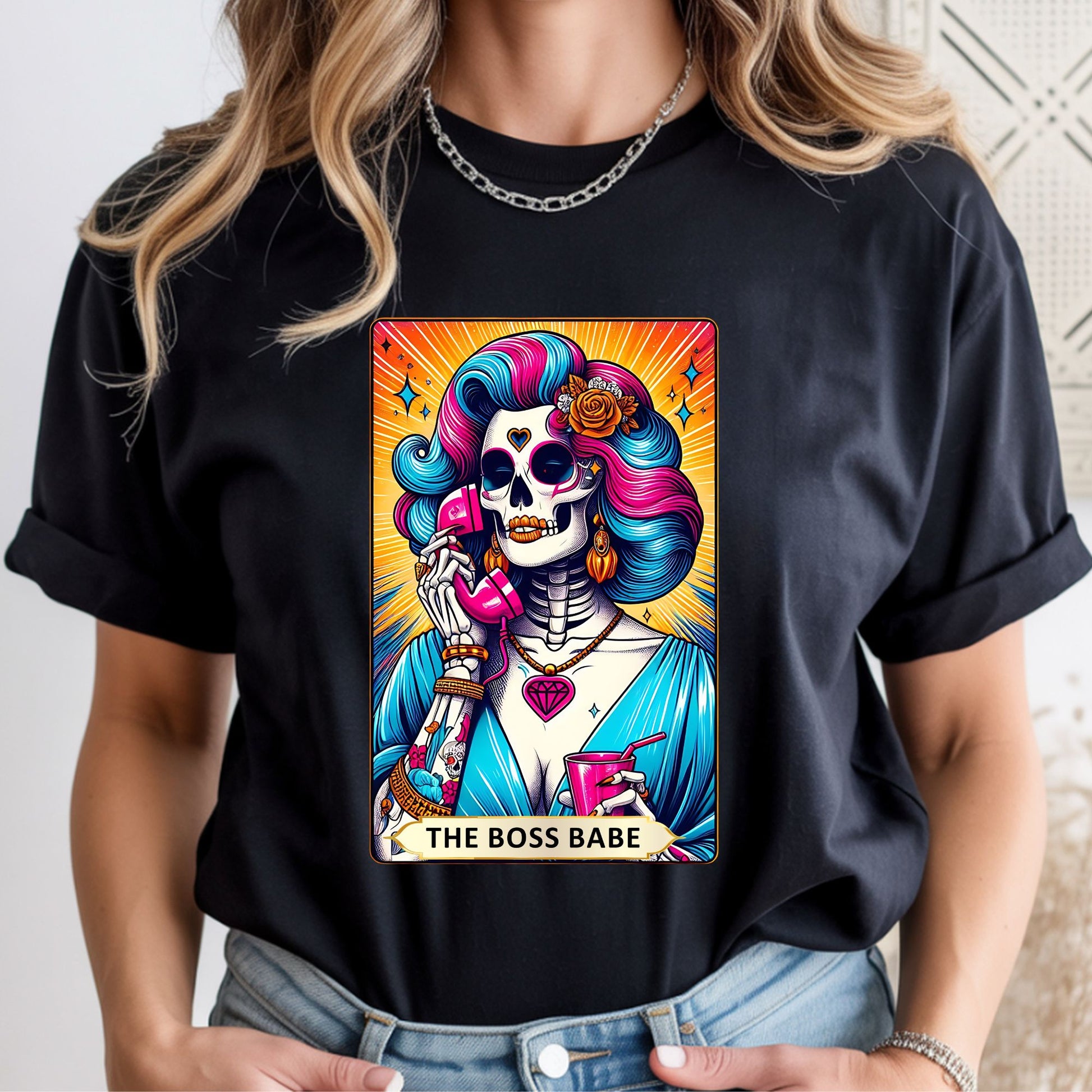 Colorful Boss Babe Loteria card graphic featuring a glamorous sugar skull businesswoman with a retro telephone. Perfect for entrepreneurs, Latina-inspired fashion, boss ladies, spooky season, and graphic tees or hoodies.