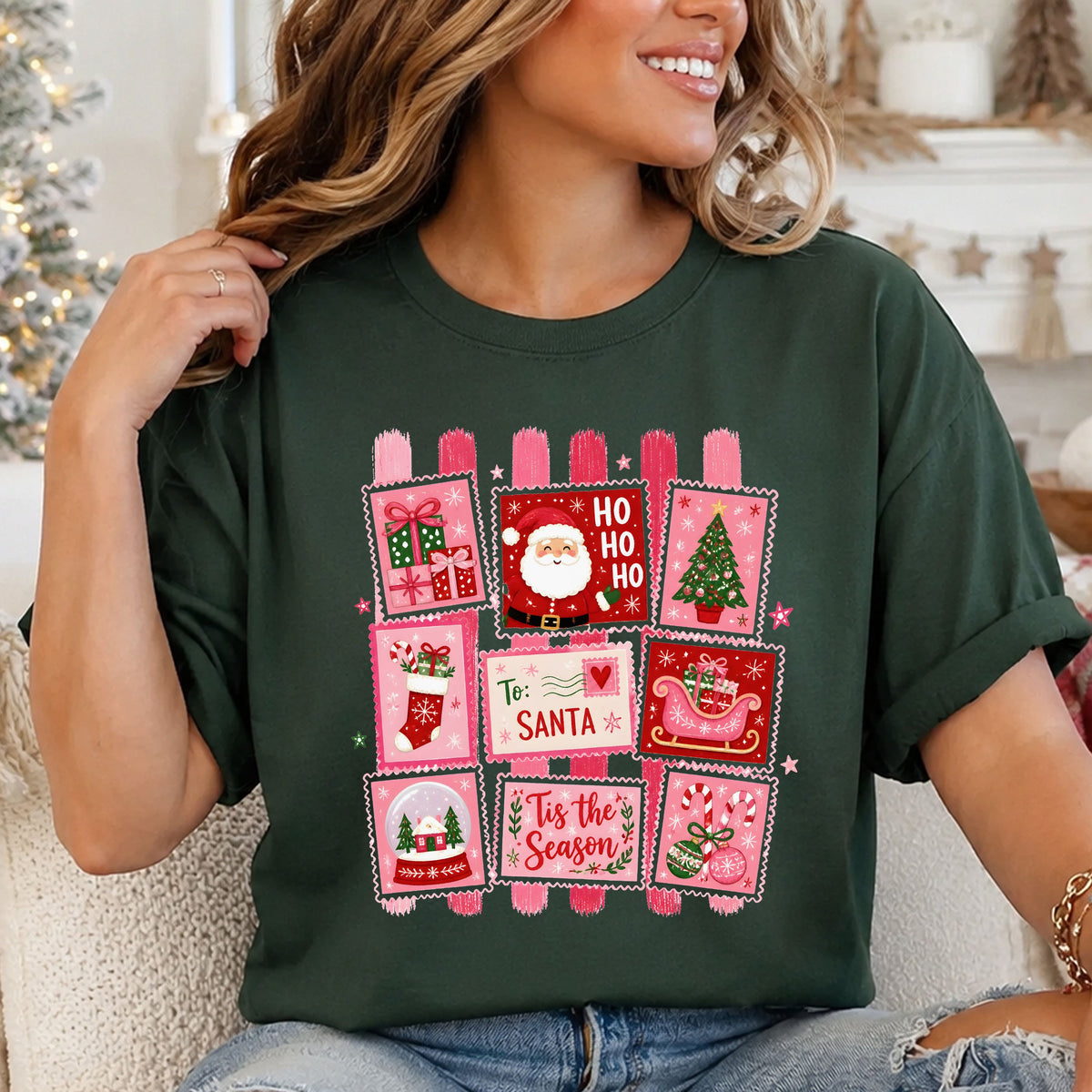 Pink Christmas stamp collage with “Tis the Season,” “To: Santa” and “Ho Ho Ho,” featuring Santa, gifts, a tree, stocking, sleigh, snow globe and candy canes.