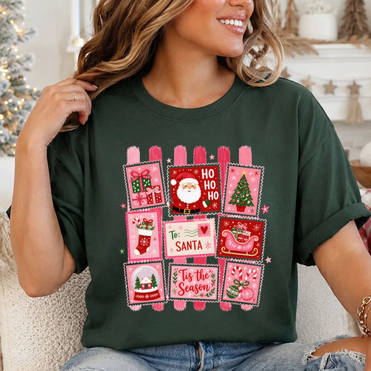 Pink Christmas stamp collage with “Tis the Season,” “To: Santa” and “Ho Ho Ho,” featuring Santa, gifts, a tree, stocking, sleigh, snow globe and candy canes.