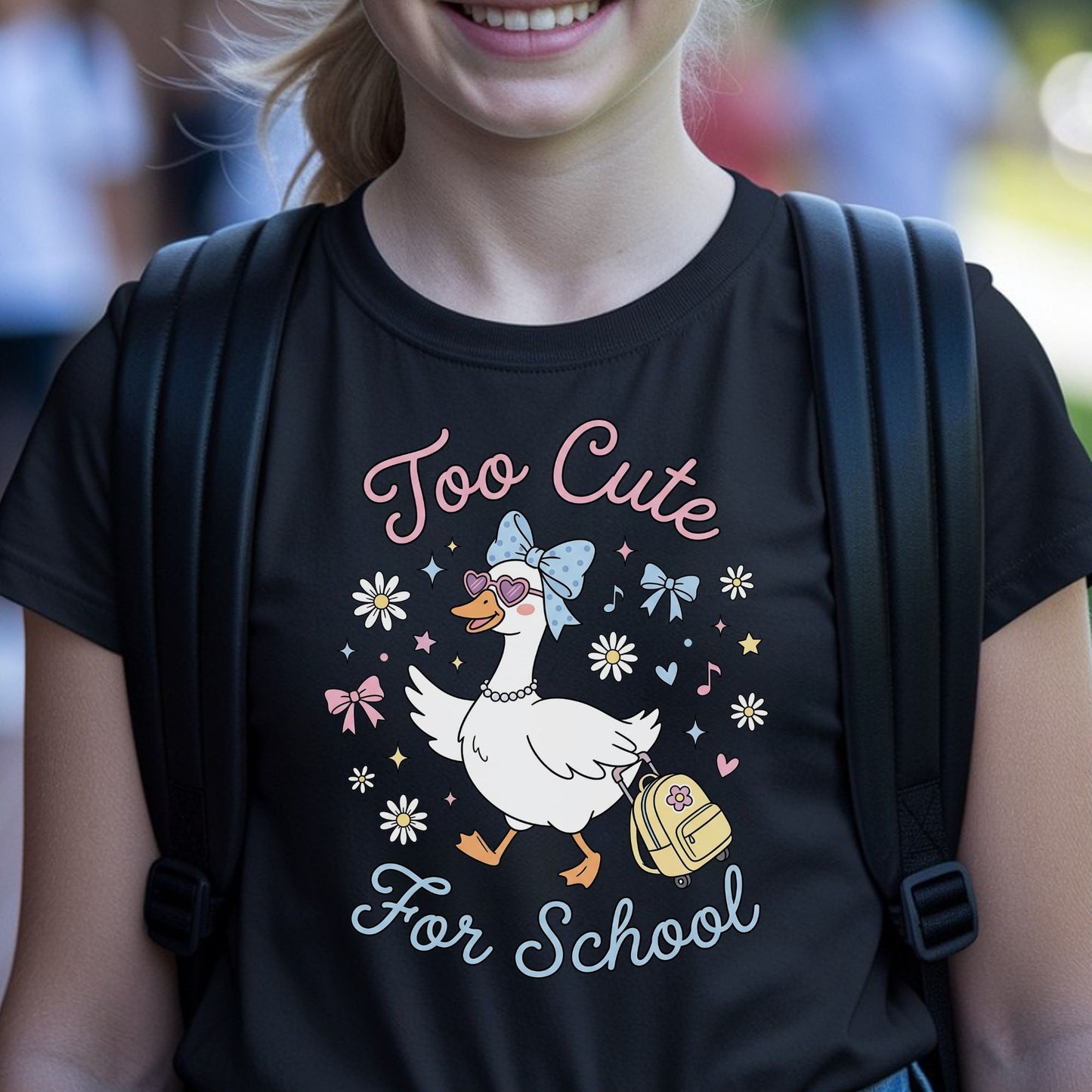 Too Cute for School back-to-school design featuring a stylish goose with a blue bow, heart sunglasses, pearl necklace, rolling backpack, flowers, stars, and pastel accents for kids shirts.