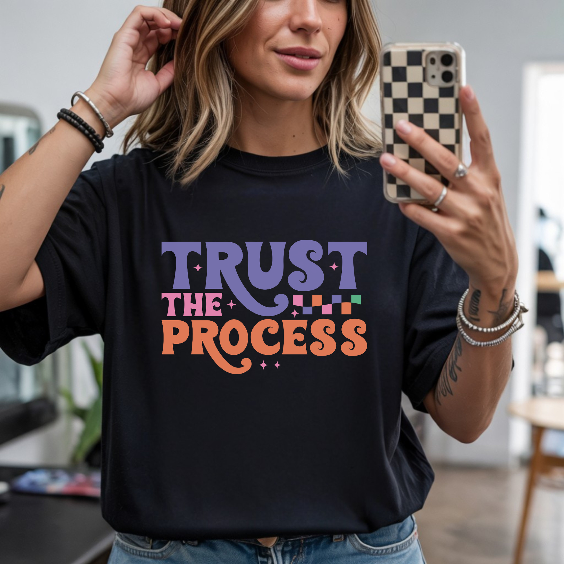 Trust The Process DTF transfer design on custom graphic tee mockup