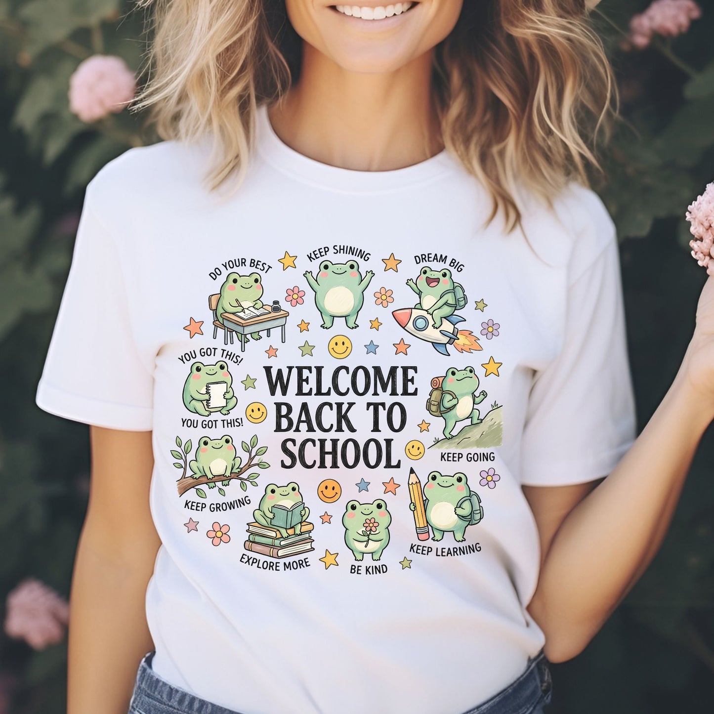 Welcome Back to School design featuring cute frogs reading, writing, studying, riding a rocket, carrying backpacks, and sharing encouraging messages with stars, flowers, smiley faces, books, and classroom accents.