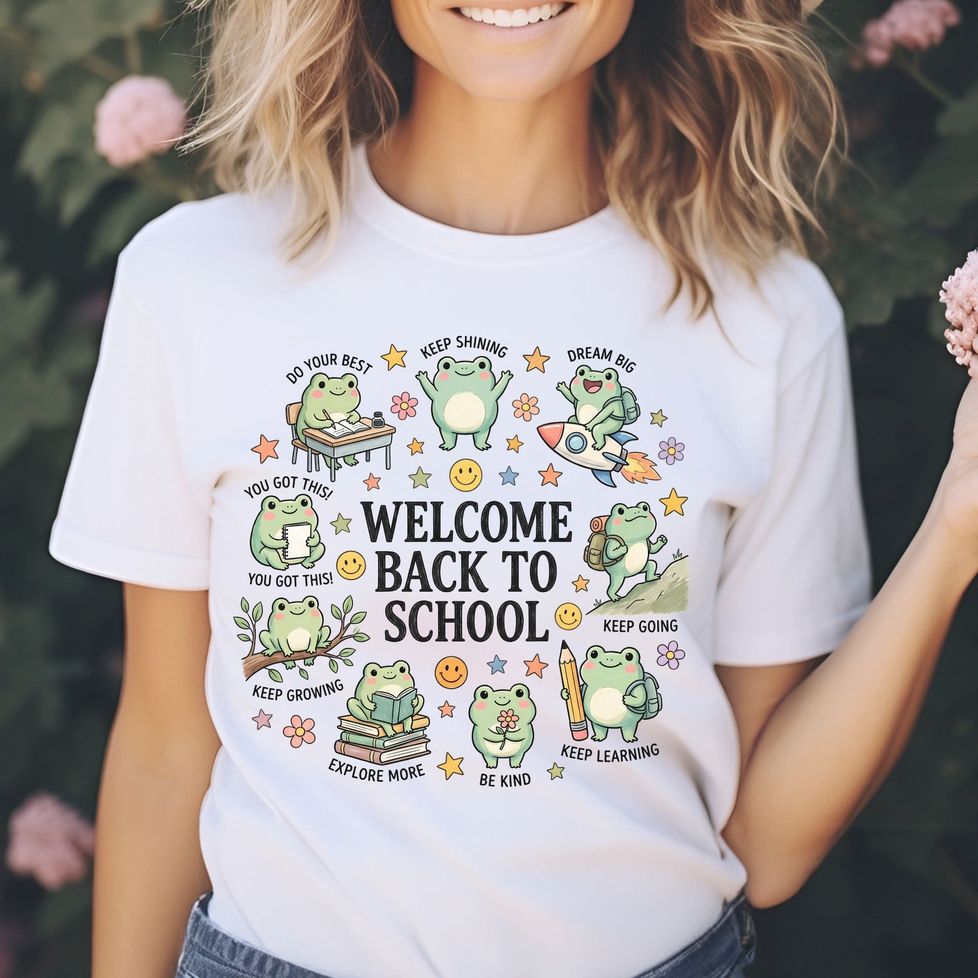 Welcome Back to School design featuring cute frogs reading, writing, studying, riding a rocket, carrying backpacks, and sharing encouraging messages with stars, flowers, smiley faces, books, and classroom accents.
