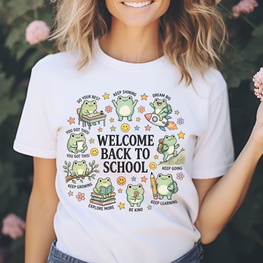 Welcome Back to School design featuring cute frogs reading, writing, studying, riding a rocket, carrying backpacks, and sharing encouraging messages with stars, flowers, smiley faces, books, and classroom accents.
