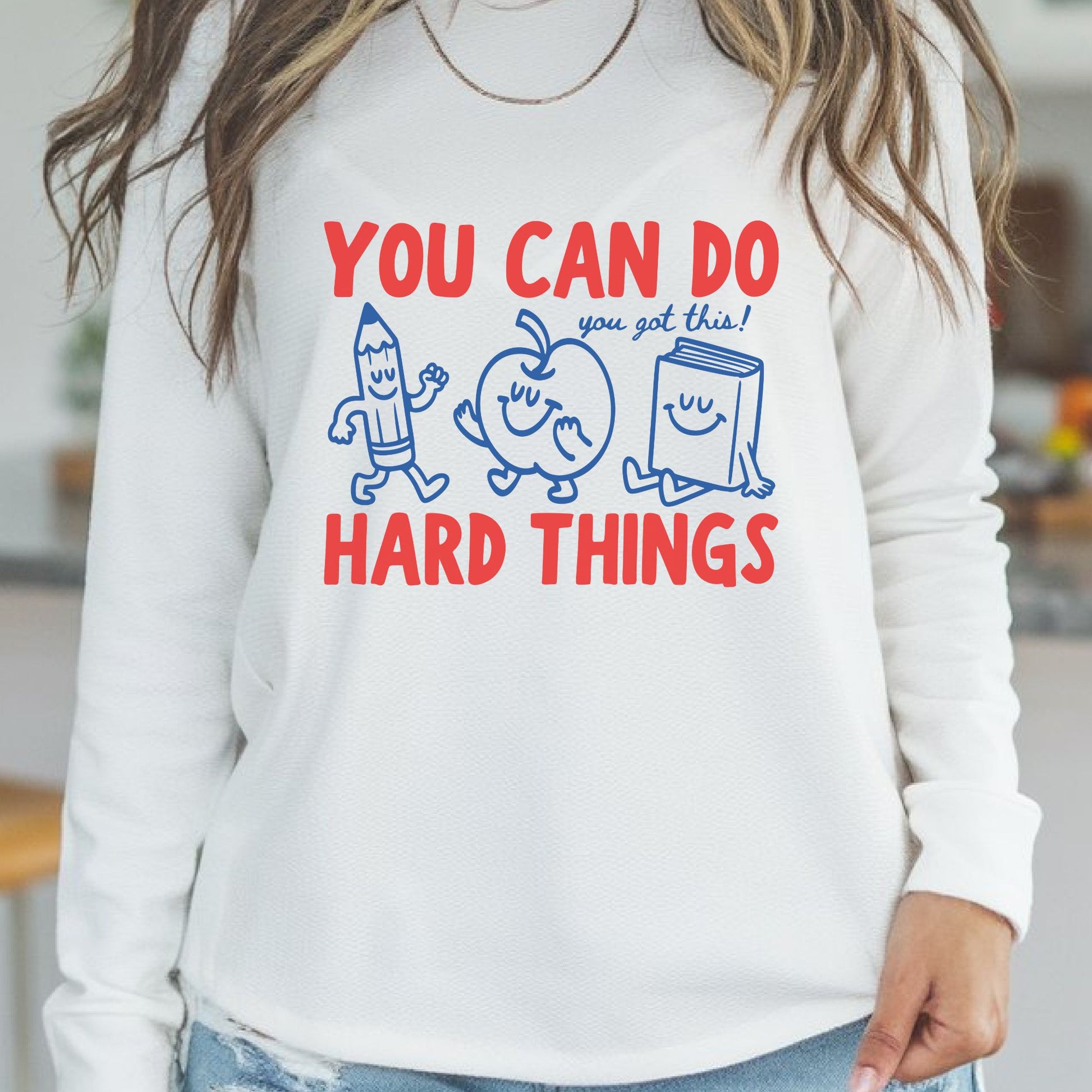You Can Do Hard Things motivational DTF transfer featuring red and blue lettering with smiling pencil, apple, and book characters for teacher and school shirts.